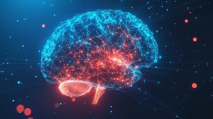 Brain low poly color. With dark blue background. Low poly wireframe with lines, dots and glowing particles