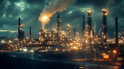 Fototapeta premium A large industrial complex with tall smokestacks and glowing lights against a dark and stormy sky.