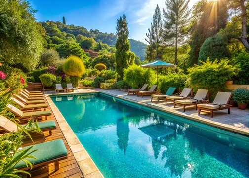Serenene turquoise swimming pool surrounded by lush greenery and sun loungers, evoking a sense of tranquility and relaxation in a Mediterranean holiday setting.