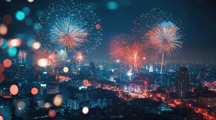 A vibrant city skyline illuminated by colorful fireworks, showcasing a festive atmosphere and beautiful night scenery.