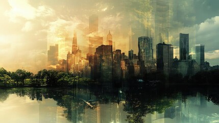 Obraz premium A surreal cityscape reflecting golden hues on water, blending nature and architecture in a dreamlike urban environment.