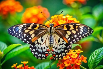 Naklejka premium Vibrant common lime butterfly with orange and black wings perches on a delicate flower petal in a lush, verdant garden, showcasing nature's beauty.