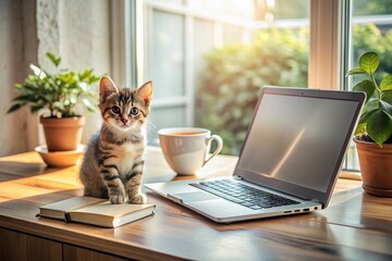 Cozy home office setup with laptop, notebooks, and coffee cup surrounded by natural light, soft textures, and a adorable little kitten bringing joy to the workspace.