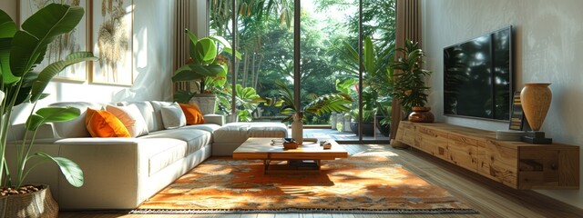 Fototapeta premium Modern scandinavian apartment interior, living room, 3D render, clean, bright atmosphere.