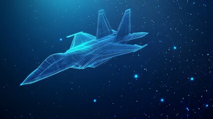 Dark blue fighter jet with polygon line on abstract background. Low poly wireframe with lines, dots and glowing particles.