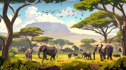 A group of elephants roams freely through the vibrant greenery, enjoying the serene surroundings under a clear blue sky. Generative AI