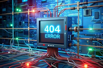 Glitching screen displaying error 404 message, surrounded by broken circuits and wires, symbolizing digital disconnection and technical malfunction in a modern computer network.