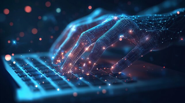 Digital 3d human hands typing on computer or laptop keyboard. Office work, workplace or business concept. With dark blue background. Low poly wireframe with lines, dots and glowing particles