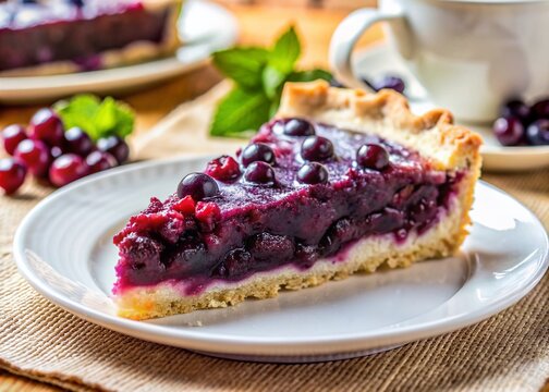 A decadent slice of frgal, a traditional Wallachian blueberry pie, sits on a white plate, showcasing the rich flavors and cultural heritage of Moravian sweet desserts.