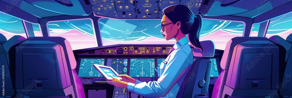 Poster The flight attendant engages with passengers, ensuring a smooth and comfortable journey through the vibrant skies of a sunny day. Generative AI