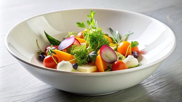 Elegant white bowl presents a masterful composition of fresh organic ingredients from the restaurant's garden and farm, showcasing modern French haute cuisine's refinement.