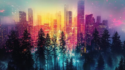 Obraz premium A stunning blend of urban skyline and forest, showcasing vibrant colors and surreal lighting at twilight.