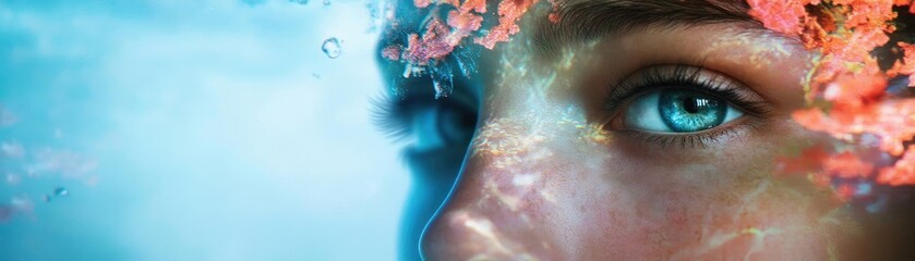 Fototapeta premium Ethereal underwater portrait featuring vivid coral, mesmerizing blue tone, and captivating eyes, conveying a sense of serenity and beauty.