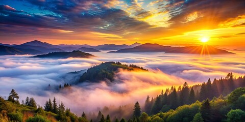 Scenic view of sunrise in the mountains with misty fog and colorful sky, morning, mountains, sunrise, fog, mist, colors