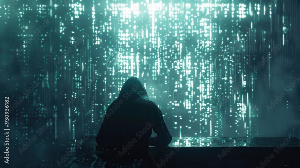 Aufkleber a silhouette of a hacker works intently at a computer, surrounded by glowing code that fills the lar