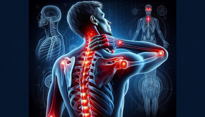 Digital artwork depicting pain points in human anatomy with skeletal details.