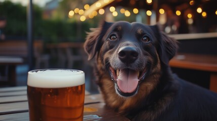 A cheerful dog enjoying a drink at an outdoor pub setting