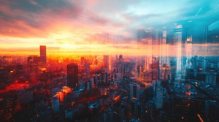 Fototapeta premium Stunning urban skyline at sunset, showcasing vibrant colors and dynamic reflections creating a mesmerizing cityscape.