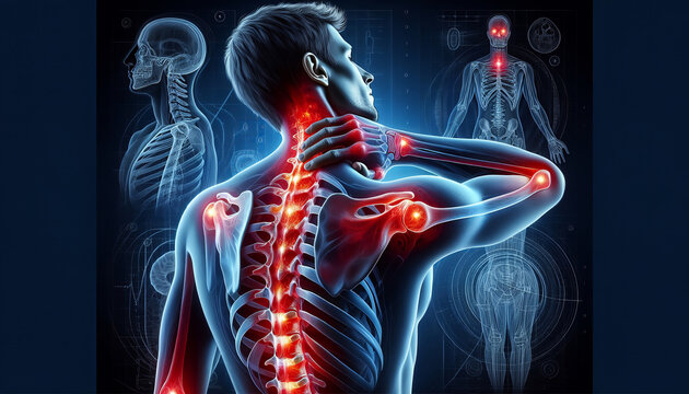 Digital artwork depicting pain points in human anatomy with skeletal details. - Powered by Adobe