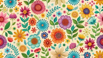 Bright and cheerful floral pattern with multicolored blooms on cream background, flowers, vibrant, summer, garden