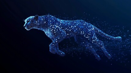 Obraz premium Low poly cheetah in motion. With dark blue background. Low poly wireframe with lines, dots and glowing particles