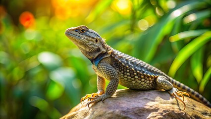 Obraz premium Texas spiny lizard basking on a sunlit rock in a lush garden , reptile, Sceloporus olivaceus, native, wildlife, nature