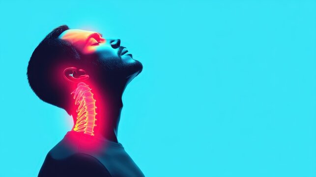 Neck Strain Awareness - Hand-Drawn Illustration of Person with Sore Neck, Promoting Better Sleep Posture | Flat Design with Copy Space