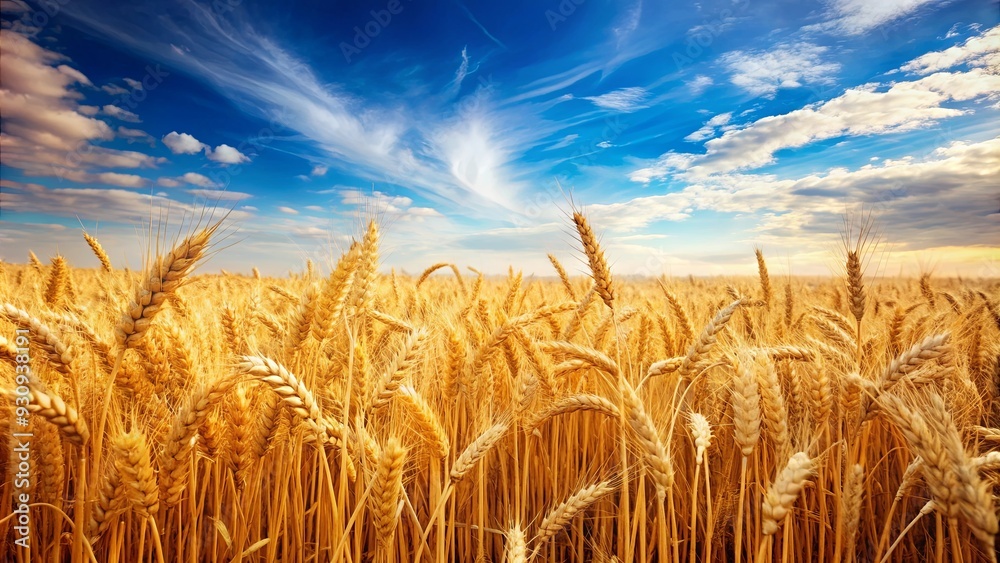 Sticker A beautiful field of ripe golden wheat under a clear blue sky, agriculture, harvest, farm, rural, crop, nature, growth