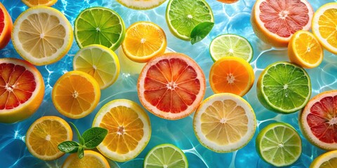 Citrus fruits floating in clear water, orange, lemon, lime, grapefruit, floating, fresh, vibrant, healthy, tropical, summer