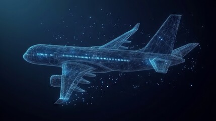 Polygonal airliner With dark blue background. Low poly wireframe with lines, dots and glowing particles