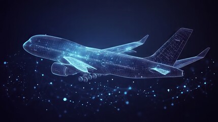 Polygonal airliner With dark blue background. Low poly wireframe with lines, dots and glowing particles