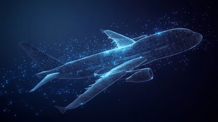 Polygonal airliner With dark blue background. Low poly wireframe with lines, dots and glowing particles