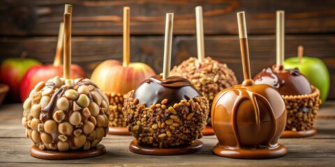 Delicious gourmet caramel apples topped with assorted toppings , gourmet, caramel apples, dessert, treat, sweet