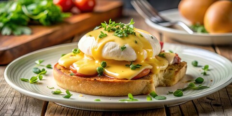 Egg Benedict served with bread , breakfast, brunch, hollandaise sauce, poached eggs, gourmet, delicious