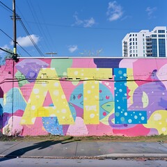 A vibrant mural featuring the word "ATL" in colorful, playful letters against a blue sky.
