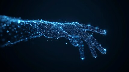 Touch the future low poly wireframe. Futuristic concept. With dark blue background. Low poly wireframe with lines, dots and glowing particles