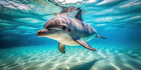 Obraz premium Baby dolphin swimming playfully in the ocean , baby, dolphin, marine, wildlife, underwater, playful, cute, mammal, sea, water, young