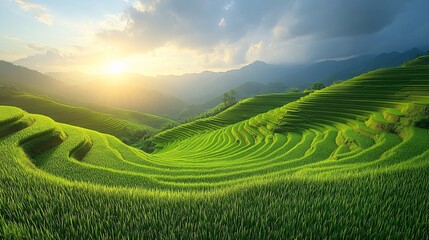 Fresh large green rice field on the morning landscape