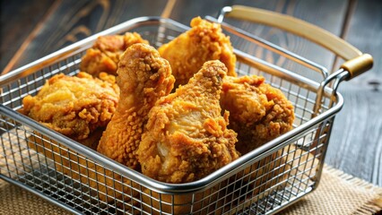 Close up of golden fried chicken drumsticks in a deep fryer basket, fried, chicken, drumsticks, deep fryer, basket