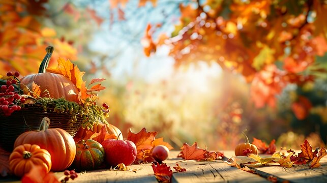 Autumn harvest with pumpkins, apples, and leaves on a wooden table with a blurred background of a fall forest.