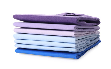 Stack of clean colorful t-shirts isolated on white
