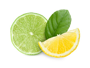 Fresh lemon, lime and green leaf isolated on white