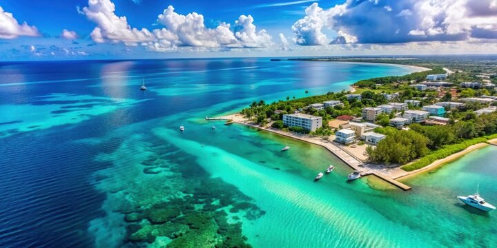 Aerial drone footage of Grand Cayman island in the clear blue tropical waters of the Caribbean Sea, Cayman Islands