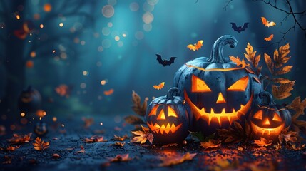 Spooky Halloween Greeting Vector Design with Blue Happy Halloween Text, Pumpkin, Skull, Bat, and Scary Elements for Night Decoration - Vector Illustration