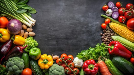 Fresh vegetables displayed on a black chalkboard background, fresh, vegetables, produce, healthy,...