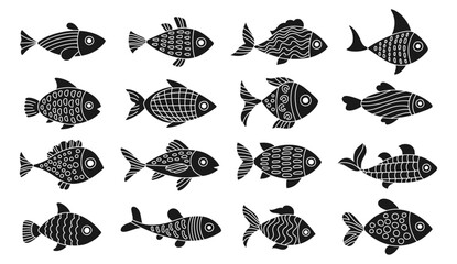 Sea fish abstract cartoon monochrome set. Stylized Scandinavian fish with ornament. Childish exotic design abstract naive art. Tuna salmon or aquarium fishes. Flat design isolated vector illustration © neliakott