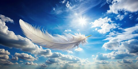 Feather floating in the sky with clouds in the background, feather, sky, clouds, delicate, light, fly, white, ethereal, soft