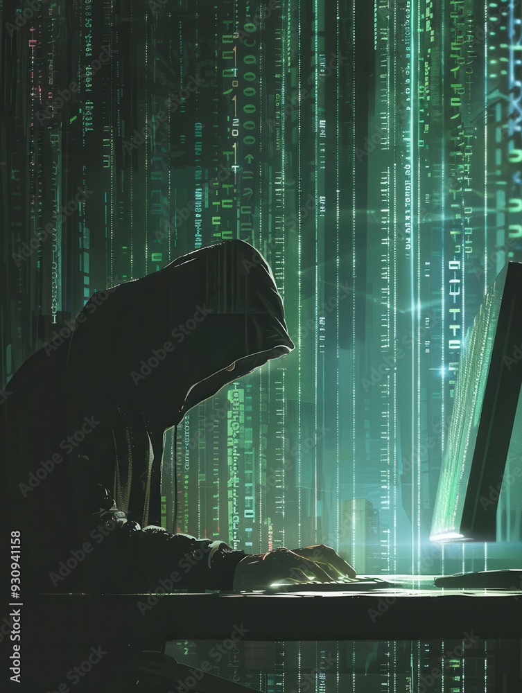Aufkleber A silhouette of a hacker in a hoodie intensely types on a computer, illuminated by a screen displaying flowing green code. Generative AI