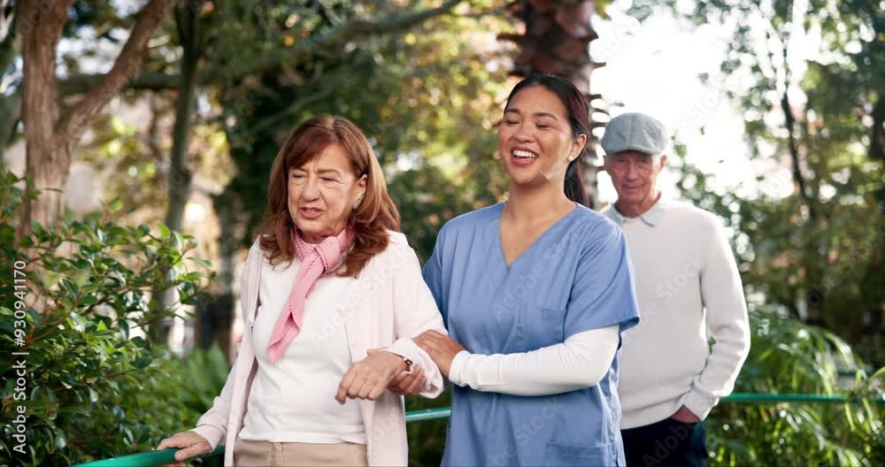 Wall mural People, nurse and walking with senior couple for help, support and happy with care in garden. Nursing home, smile and pensioner with caregiver in healthcare, rehabilitation and exercise with fun