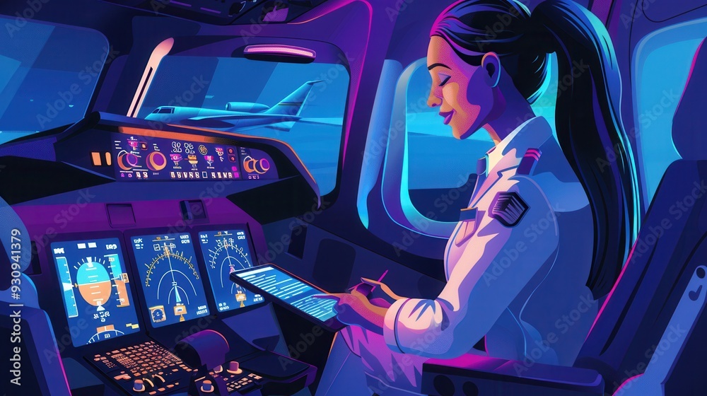 Poster a flight attendant is seated in the cockpit, diligently checking flight details on a tablet while th